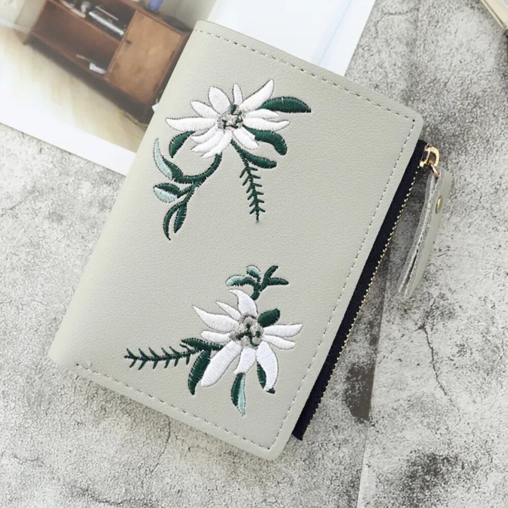 Jasmine Blossom Wallet Embroidery Flower Women's Short Wallet Card Holder Gray